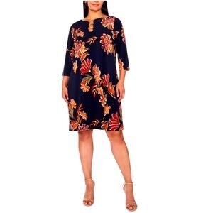 MSK Floral Shift Dress 1X Navy Orange 3 Ring Keyhole Knee Length NWT
